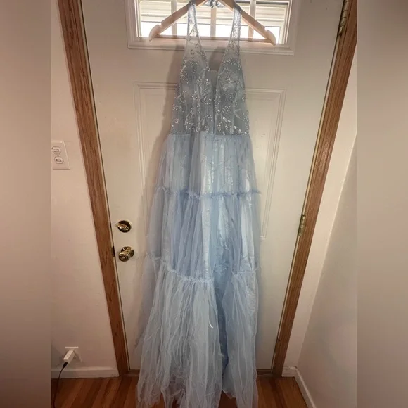 Elegant Baby Blue Fairytale Beaded Halter Prom Dress - Picture 6 of 15